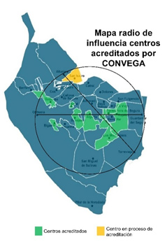 Mapa radio de influencia centros acreditados por Convega